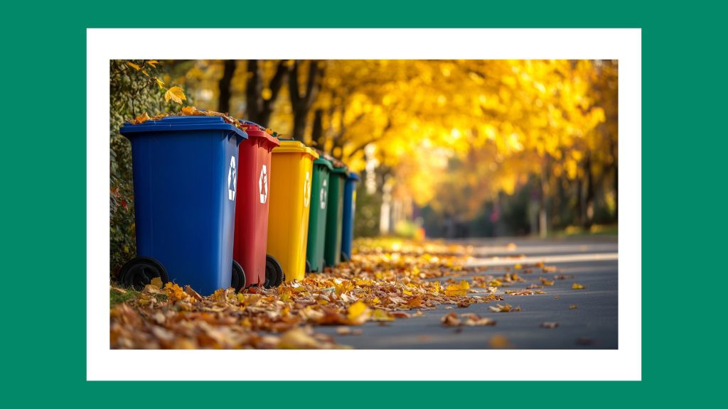 Abfälle und Wertstoffe Abfall- und Wertstofftonnen (Symbolbild: bunte Tonnen an herbstlicher Straße)